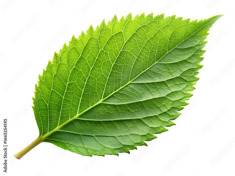 Fototapeta premium Vibrant green leaf with serrated edges on a black background