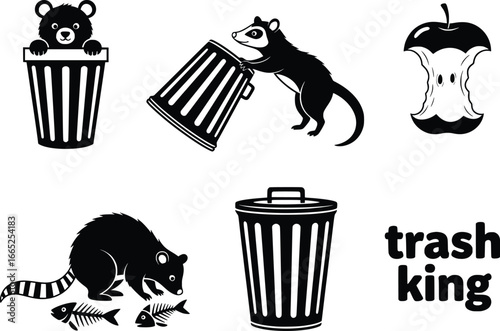 Playful raccoon and bear in trash cans apple core garbage trash king design elements set