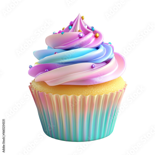 Colorful cupcake with vibrant rainbow frosting and sprinkles, isolated on transparent background PNG