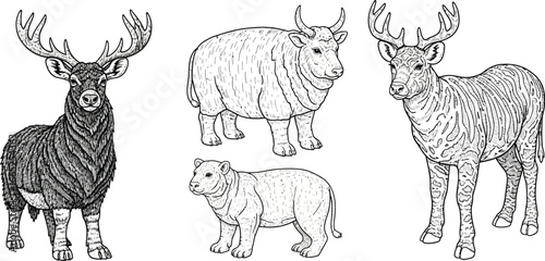 Illustration of three mythical creatures including a deer a bull and a bear on a white background