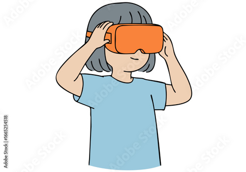 A young girl adjusts a VR headset, immersed in a virtual experience.  Bright colors and a simple, modern illustration style. Focus on the engaging visual of VR technology.
