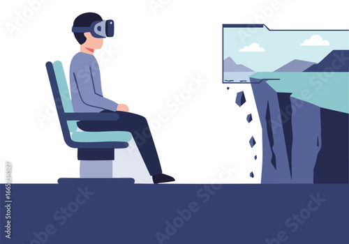 A man experiences virtual reality, seemingly teetering on a digital cliff. The image evokes a sense of immersion and potential risk. Modern, illustrative style.