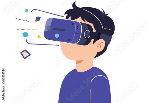 A young man immerses himself in VR play therapy, experiencing a digital world through a VR headset. Bright, playful visuals suggest innovative therapeutic applications.