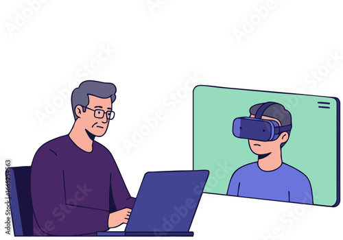 A man uses VR to monitor PTSD symptoms on a laptop screen.  A virtual therapist appears.  Modern, digital therapy concept.