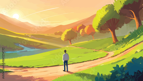 A man stands on a path in a vibrant landscape at sunset, contemplating nature