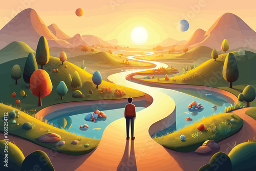 A man stands on a path over a river in a mountainous landscape at sunset