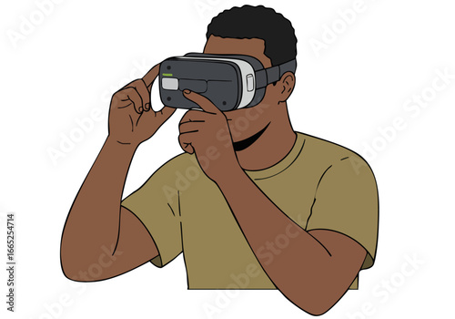 A veteran adjusts a VR headset, focusing on a digital display. Modern, tech-focused, and visually engaging. Suitable for technology, military, and virtual reality themes.
