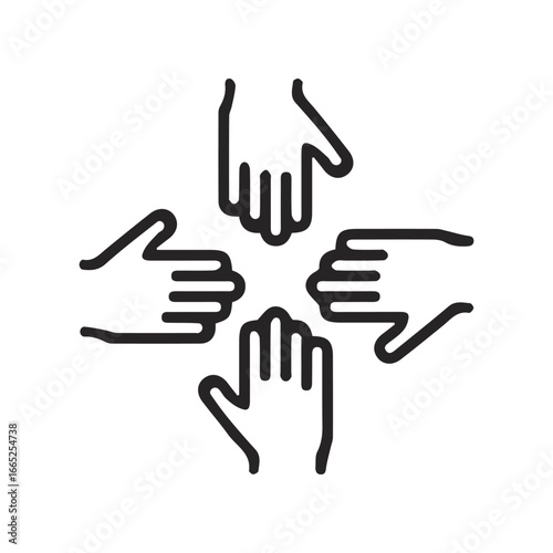 Teamwork and unity illustrated by four hands reaching inward on white background