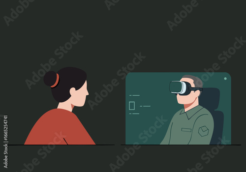 A woman observes a veteran through VR, showcasing a virtual therapy session.  Clean, modern design with a focus on connection and technology.  Illustrative style.