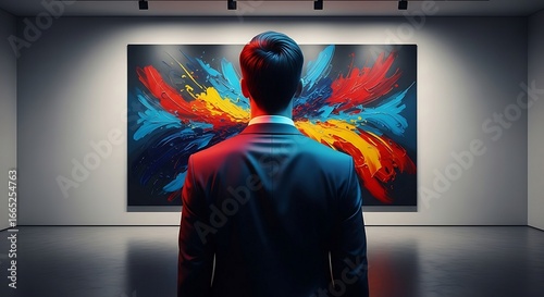 Man Contemplating Abstract Art in Modern Gallery; Colorful Painting, Businessman, Art Appreciation, Interior Design.