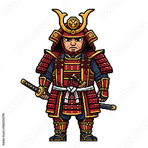 Cartoon illustration of a samurai warrior in full red and gold armor, holding a katana sword.