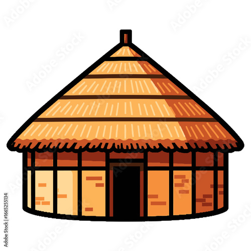Cartoon illustration of a traditional round thatched-roof hut.