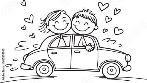A Romantic Ride: A charming illustration depicts a smiling couple in a vintage car, surrounded by hearts, capturing the essence of love and shared adventure on the road.