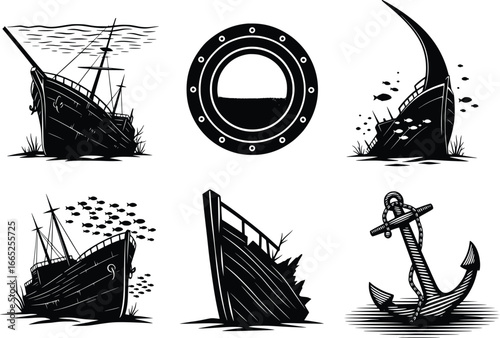 Nautical shipwreck silhouettes collection featuring anchors submerged vessels and ocean life for maritime themes