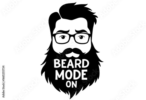 Man with glasses and beard in stylish graphic design with text "Beard Mode On"  