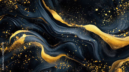 Abstract fluid art background with marbleized gold and black swirls, offering a modern and artistic aesthetic —ar 16:9 