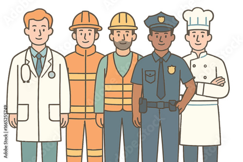 Diverse professions: doctor, firefighter, construction worker, police officer, chef in outline style