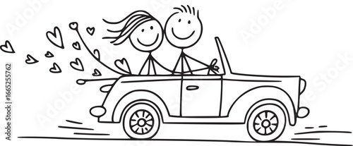A Whimsical Drive into Love: A cartoon couple embarks on a romantic journey in a classic convertible car, hearts trailing behind them, symbolizing love and adventure. 