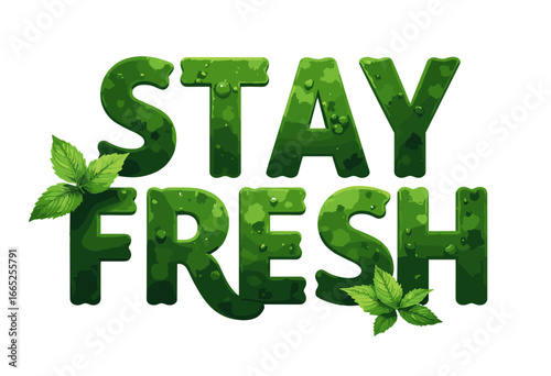 Stay Fresh typographic art with green leaves and water droplets  