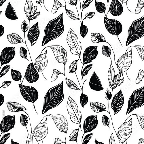 Abstract Leaf Doodle Seamless Pattern, bold thick solid black botanical line art with natural organic shapes, high-contrast minimal hand-drawn vector, plain white background, no effects, repeatable 6