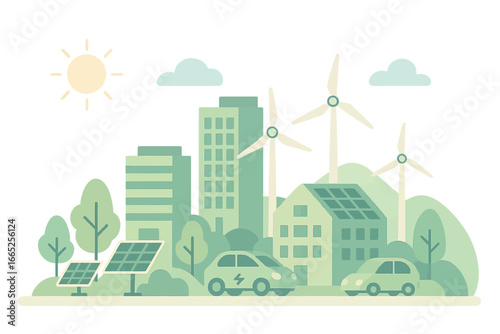 Futuristic green energy city with solar panels and wind turbines in minimalist style