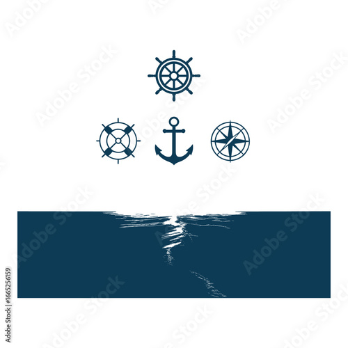 Nautical themed illustration with sailing icons featuring anchor helm lifesaver and compass rose over ocean waves on white background