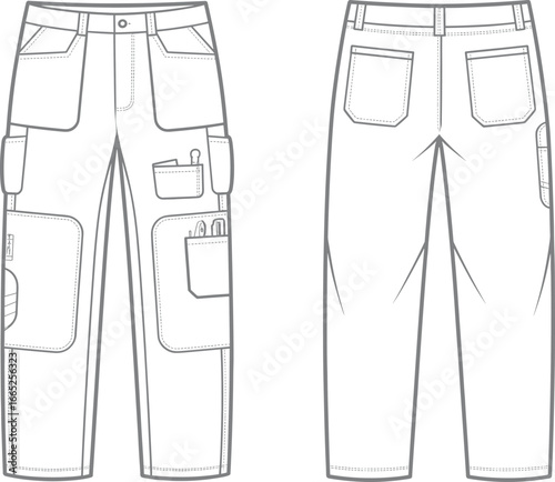 Cargo work pants front and back view, fashion flat sketch, vector clothing template, utility trousers design, technical drawing for garment production