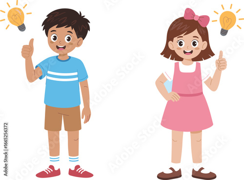 Cartoon boy and girl with idea light bulb, creative thinking concept, innovation education illustration, smart kids learning inspiration vector