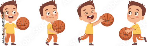 Cartoon boy playing basketball, happy child holding ball, sports activity illustration, cute kid dribbling and shooting, outdoor fun and healthy lifestyle