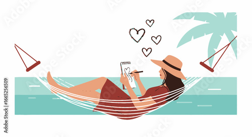 Illustration of a woman relaxing in a hammock drawing hearts with a summer vibe background