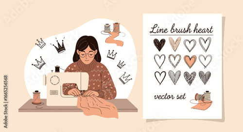 Illustration of a woman sewing with a machine alongside heart vector set design