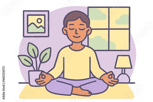 Meditative happiness: calm cartoon person practicing mindfulness at home