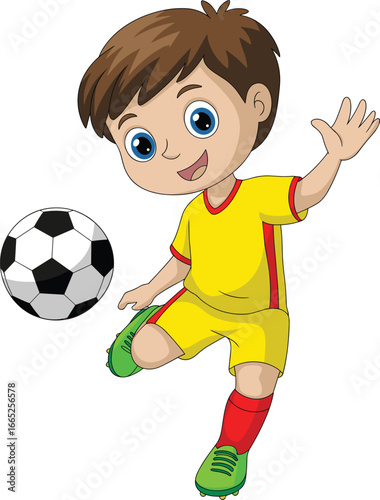 Cartoon boy playing soccer, happy child in yellow uniform kicking football, cute sports character illustration, active kid athlete game design