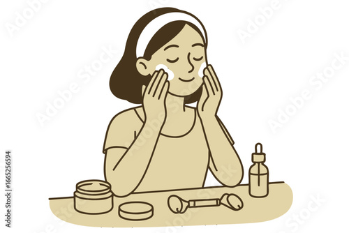 Skincare routine concept with woman using facial roller and serums