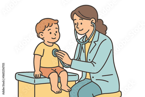 Doctor using stethoscope to check child's heartbeat: pediatric health care in cartoon style