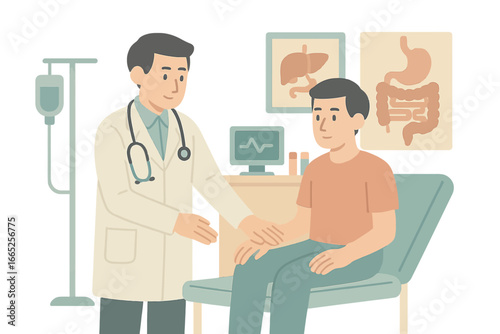 Doctor consulting patient in clinic with medical diagrams and equipment