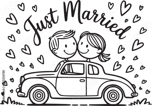 Just Married: Newlyweds set off in a vintage car, surrounded by hearts. A hand-drawn illustration captures the excitement and joy of a new life together.