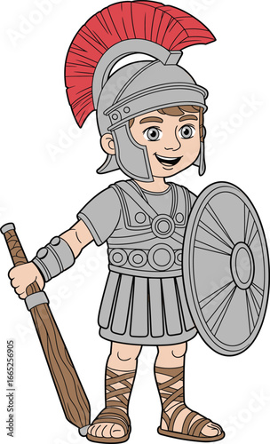 Cartoon Roman soldier character, ancient warrior illustration, gladiator with shield and sword, historical costume design, medieval armor, warrior boy drawing