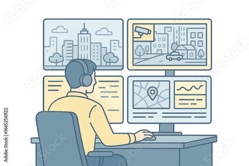 Surveillance monitoring room with operator analyzing security cctv footage on multiple screens in outline style