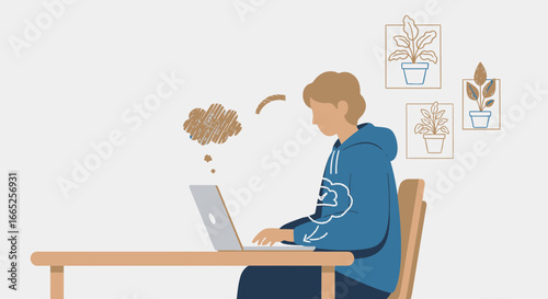 Illustration of a young man working on a laptop while dreaming of plants and nature