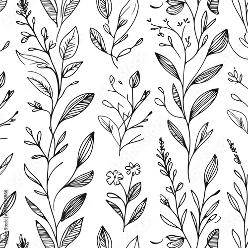 Abstract Leaf Doodle Seamless Pattern, thick black botanical line art with natural organic shapes, minimalist hand-drawn vector background, eco-friendly design for skincare and herbal products 1.