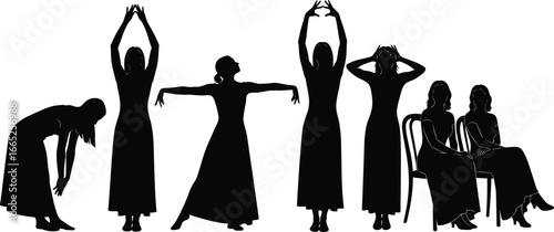 Silhouetted Women Performing Dance and Seated Poses Depicting Movement, Expression, and Stillnes