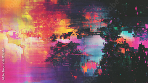 Abstract glitchy distortion with colorful pixelation, digital noise, and surreal fragmented shapes —ar 16:9 