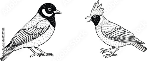 Two birds illustrated in black and white one with a crest and one with a black head and white cheek