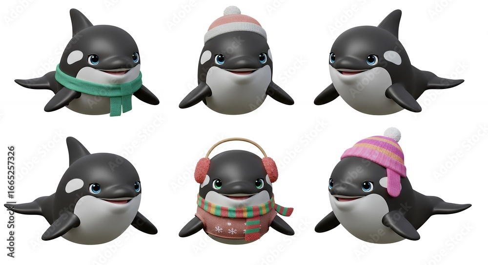 Obraz premium Cute cartoon orcas in winter accessories