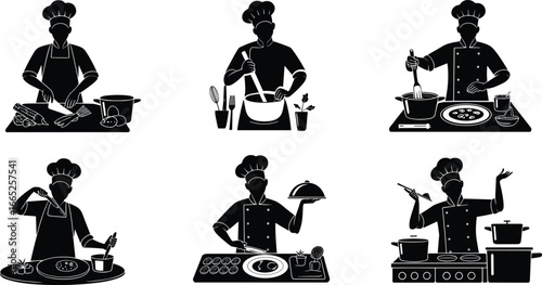 Chef cooking silhouette vector set, preparing meals, garnishing dishes, mixing ingredients, plating food, professional kitchen illustration for culinary concepts