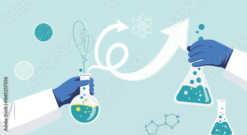 Illustration of scientific research and development with chemicals and growth trend