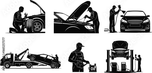 Car repair service silhouettes, auto mechanic tools, vehicle maintenance scenes, oil change, towing, garage work, black vector illustration set