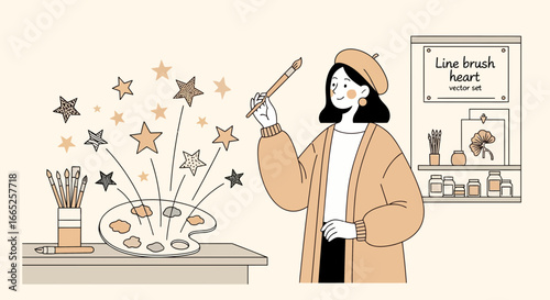Illustration showcasing a female artist creating art with a burst of star creativity