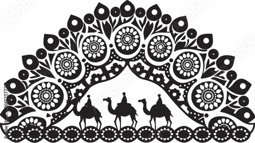 Black and white decorative illustration of three camels under floral archway design element art |  editable eps vectors silhouette